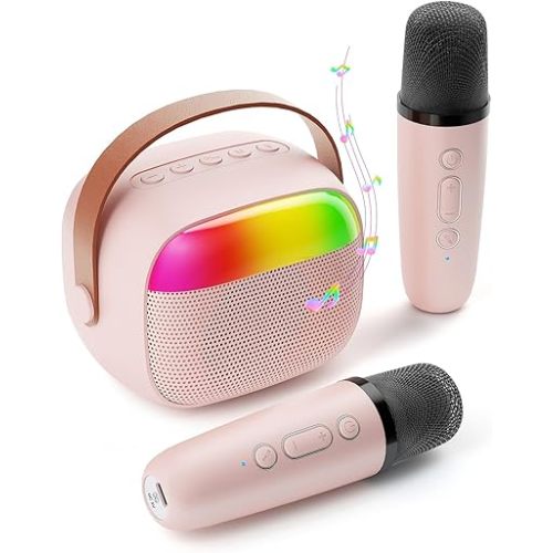 Mini Karaoke Machine for Kids, Toy for Girls Portable Bluetooth Speaker with 2 Wireless Microphones, Fashion Toy Gifts for Christmas Birthday, for 3 4 5 6 7 8+ Year Old Girls Gifts(Pink)