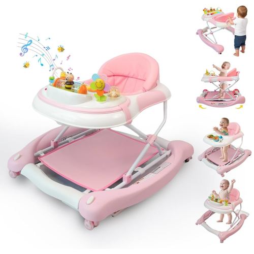 5 in 1 Baby Walker, Music and Lights Walker for Baby Boy Girls 6-12 Months, Foldable Baby Walkers with Wheels and Bouncer Combo Portable, Toddler Infant Walker with Adjustable Height