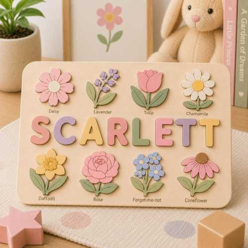 Personalized Flower Name Puzzle, Floral Wooden Name Puzzle for Girls, Custom Montessori Name Board, Botanical Toddler Puzzle