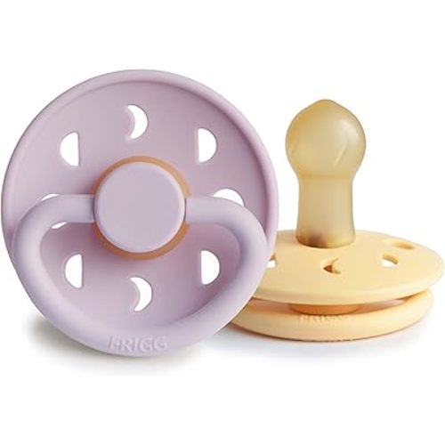 FRIGG Moon Natural Rubber Baby Pacifier | Made in Denmark | BPA-Free (Soft Lilac/Daffodil, 0-6 Months) 2-Pack