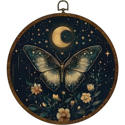 KLYTINK Celestial Butterfly Round Wall Art,Canvas Print with Moon, Stars & Flowers, Mystical Boho Hanging Wall Decor for Bedroom, Meditation Space, Office or Gallery Wall 10''x10''(Blue-Butterfly)