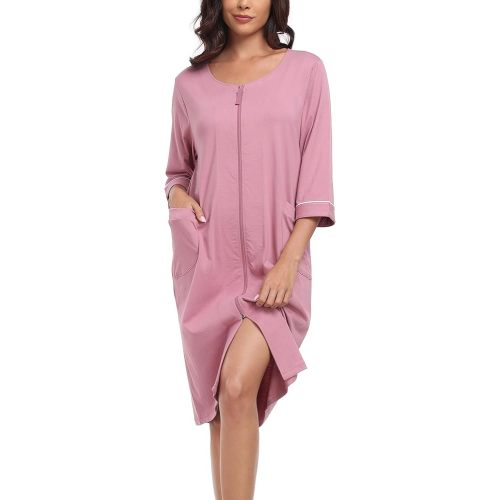 CF Women's 100% Cotton Zipper Robes 3/4 Sleeve Loungewear Knee Length Housecoat Lightweight Zip Up Nightgowns with Pockets