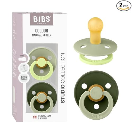 BIBS Colour Studio Pacifier 2-Pack, BPA Free, Round Nipple. Natural Rubber Latex, Made in Denmark, Size 1 (0-6 Months) - Sage/Huntergreen