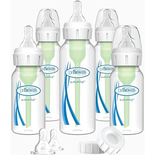 Dr. Brown's Natural Flow Anti-Colic Options+ Narrow Baby Bottle Newborn Gift Set with Baby Bottle Travel Caps