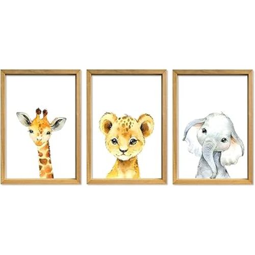 YWJKWLGS Baby Safari Nursery Wall Decor 16"x11" Set of 3 Cute Animal Giraffe Elephant Lion Prints Sign Wood Framed for Children's Room Wall Art (Wood)