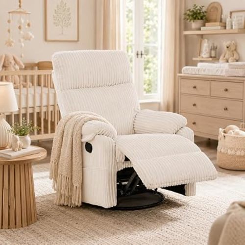 Majnesvon Nursery Rocking Chair Recliner, 360° Swivel Rocker Chair with Manual Footrest, Corduroy Upholstered Baby Room Chair with Lumbar Support & Side Pocket for Living Room Bedroom
