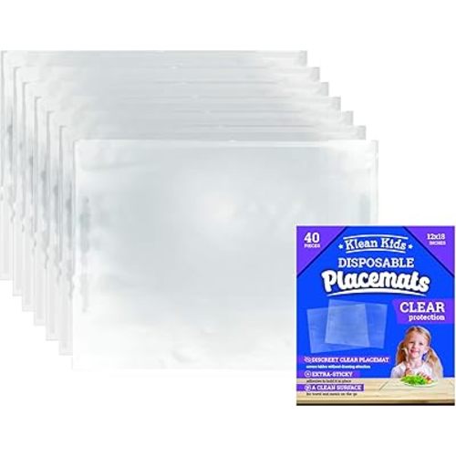 Clear Disposable Placemats for Baby, Toddler, Kids, Adults - Sticky Transparent Table Mat - Adhesive Table Topper Solutions for Schools, Airplane Tray Cover Disposable, Restaurant (40 Pack)
