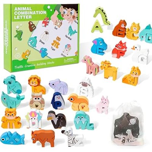 Wooden Alphabet Puzzle for Kids Ages 3-5 - 52pcs ABC Animal Matching Game with Storage Bag, Montessori Learning Toys, 3D Letter Recognition Puzzle, Non-Toxic Educational Gift for Toddlers