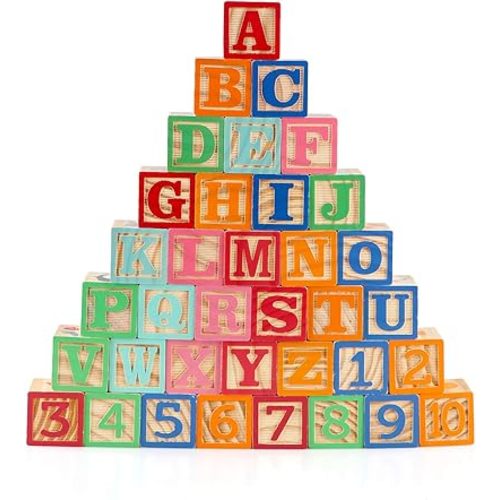 Wondertoys 36PCS Wooden ABC Blocks Number Blocks for Toddlers Stacking Wood Alphabet Building Games 1.65'' Large Montessori Educational Toys for Baby Stacking, Learning