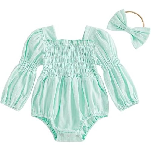Smocked Baby Girl Clothes Newborn Girl Bubble Romper Long Sleeve Jumpsuit And Headband Outfit Cute Infant Clothing
