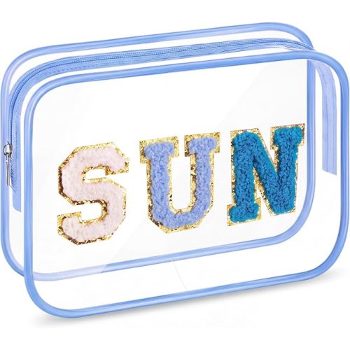 Kacctyen Sun Clear Makeup Bags Bulk Sunscreen Pouch for Beach Pool Waterproof Toiletry Cosmetic Zipper Organizer with Preppy Chenille Letter Patch for Women Girl Summer Vacation Gift Essential, Blue