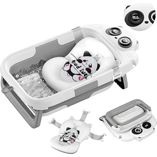 Collapsible Baby Bathtub for Newborn, Baby Bath Tub with Thermometer & Soft Floating Cushion & Drain Hole for Infant to Toddler, Portable Travel Bathtub with No-Slip Feet for 0-36 Months-Gray