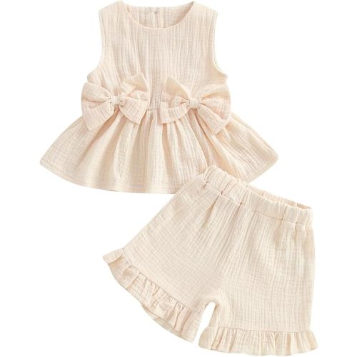 Toddler Girl Summer Outfits Solid Linen Outfit Two Bows Front Ruffle Tank Tops Shirts Shorts Cute Baby Girl Clothes