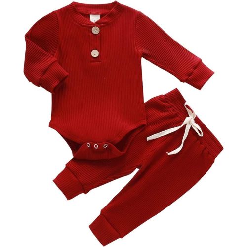 Newborn Baby Boy Girl Clothes Ribbed Knitted Cotton Long Sleeve Romper Long Pants Solid Color Fall Winter Outfits