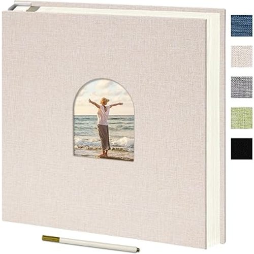 Vienrose 9.84x9.06 Inch Self-Adhesive Photo Album Linen Cover Arch Window Scrapbook Album 40 Pages Blank Inner Page Memory Book with A Metallic Pen, Beige