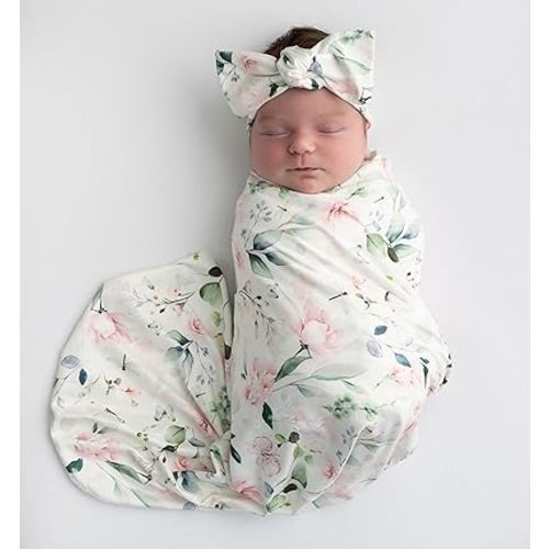 Baby Receiving Blanket Swaddle Blanket Infant Wrap with Matching Headband Beanie and Name Card (Pink and Grey)