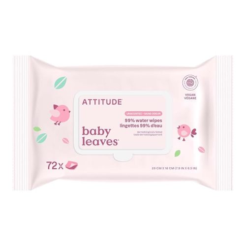 ATTITUDE Baby Water Wipes, EWG Verified, Safe for Newborns, Unscented & Fragrance-Free, 99% Water, Gentle & Hypoallergenic, Vegan & Dermatologically Tested, Travel Pack with Hard Lid, 72 Count
