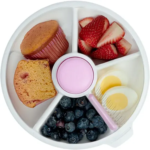 GoBe Kids Large Snack Spinner Slide Bundle with Hand Strap and Sticker Sheet - Reusable Snack Container with 4 Compartment Dispenser and Lid | BPA/PVC Free | Dishwasher Safe | No Spill - Taro Purple