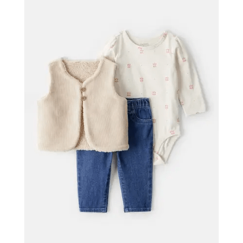 Baby Girl 3-Piece Floral Motif Velour Vest Outfitt Set | Carter's