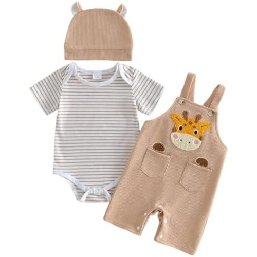 Newborn Baby Boy Fall Winter Clothes Striped Long Sleeve Romper Overall Pants Hat 3Pcs Set Cute Coming Home Outfit