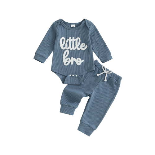 BemeyourBBs Newborn Baby Boy Little Brother Outfit Hospital Coming Home Outfits Waffled Knit Little Bro Letter Embroidery Long Sleeve Romper Long Pants Set 2Pcs Infant Boy Clothes