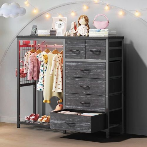 LinTimes 6-Drawer Fabric Wardrobe with Clothes Rail, Dresser for Bedroom, Hallway and Living Room Storage, Grey