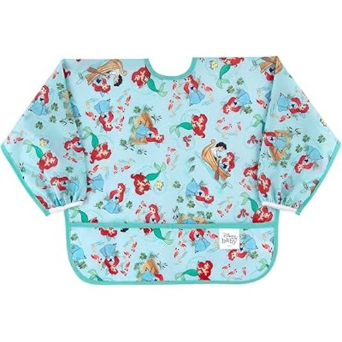 Bumkins Disney Sleeved Bib for Girl or Boy, Baby and Toddler for 6-24 Mos, Essential Must Have for Eating, Feeding, Baby Led Weaning Supplies, Long Sleeve Mess Saving Food Catcher, Soft Fabric, Ariel