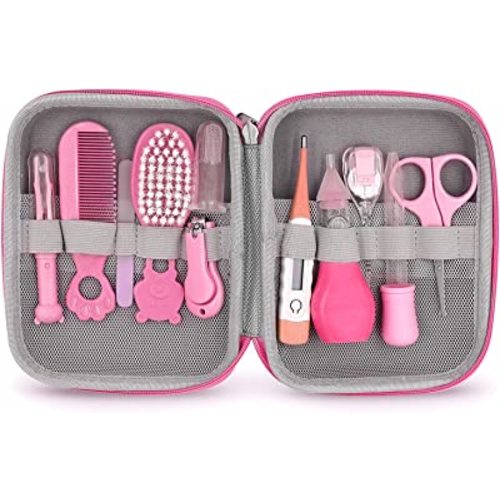 Baby Grooming Kit, Portable Baby Safety Care Set with Hair Brush Comb Nail Clipper Nasal Aspirator etc for Nursery Newborn Toddlers Infant Girl Boys Keep Clean (Pink)