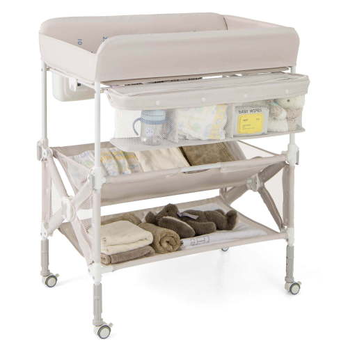 Costway Portable Baby Changing Table with Wheels Adjustable Height Large Storage Rack Beige