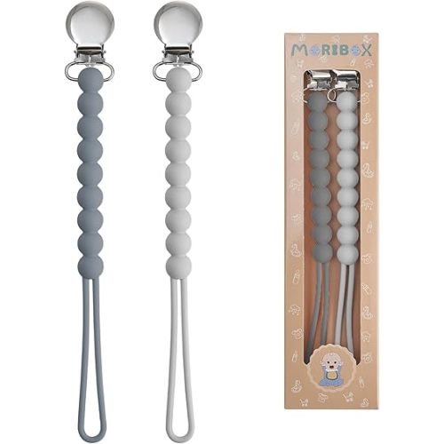 Pacifier Clip for Boys Girls - MORIBOX Paci Clip Soothie Baby Binky Holder for Shower Gift Birthday 2 Pack (Grey)