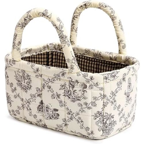 Small Storage Basket Organizer, Mini Fabric Floral Storage Baskets with Handle, Quilted Portable Collapsible Storage (Vine-Coffee)