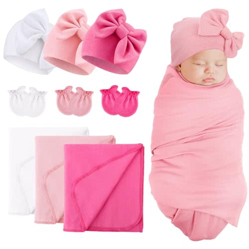 DRESHOW BQUBO Newborn Receiving Blankets Cotton Warm Sleepsack with Mittens & Bow Hats Hospital Baby Swaddling Shower Gift