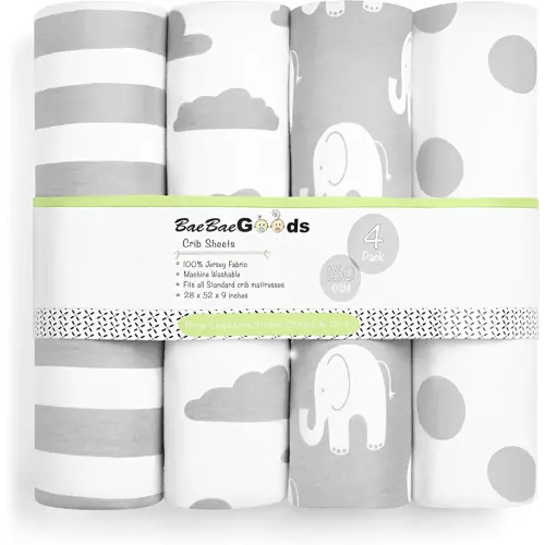 BaeBae Goods Premium Crib Sheets for Baby Boys and Girls, 3 Pack, Soft and Breathable Jersey Cotton Fitted Sheet Set, Grey and White, Cute Gender Neutral Nursery Mattress Bedding, Universal Fit