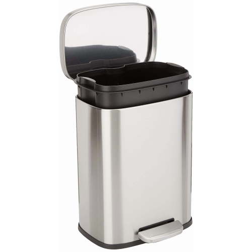 Trash Can, 13.2 Gallon (50L), Smudge Resistant Rectangular Bin with Soft-Close Lid, Step Foot Pedal, Removable Inner Bucket, Brushed Stainless Steel, Satin Nickel Finish