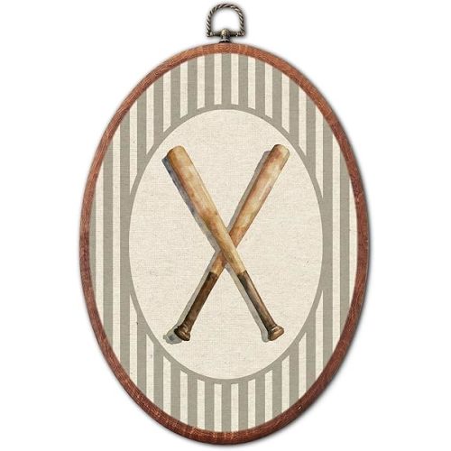 Vintage Baseball Bats Nursery Oval Wall Art, Brown Stripe Canvas Prints Framed, Farmhouse Retro Decor Wall Art Hanging Decor for Kids Toddler Room Playroom Decoration, 8.6x11.4 Inch
