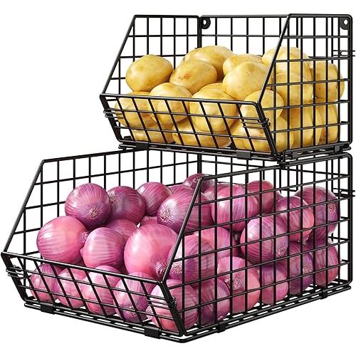 2 Tier Stackable Wire Basket-Kitchen Counter, Pantry Organization and Storage - Cabinet, Countertop Space Saving Organizing - Produce, Fruit, Vegetable,Onion, Potato, Bread Organizer Bin