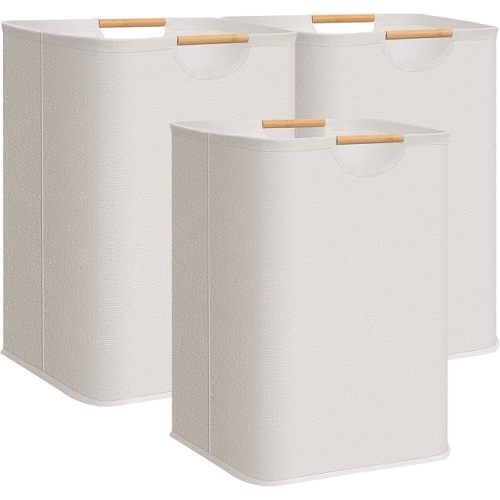 STORAGE MANIAC 3-Pack Large Laundry Hamper, 100L (26.4 Gal) Collapsible Laundry Basket with Bamboo Handles, Freestanding Waterproof Clothes Hamper for Laundry Room, Bedroom, Dorm, Towels, White
