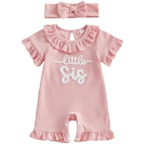 allshope Newborn Baby Girl Summer Outfit Romper Little Sister Lil Sis Embroidery Ruffle Collar Jumpsuit Infant Waffle Clothes