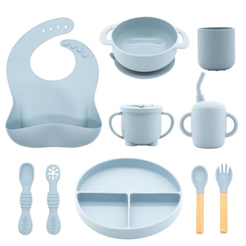 Silicone Baby Feeding Set 10 Pcs, Baby Led Weaning Supplies, BPA Free, Blue