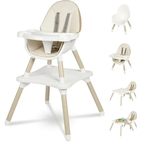 Gofirst 6 in 1 Baby High Chair,Convertible High Chairs for Babies and Toddlers/Booster Seat/Table and Chair Set,Baby Feeding Chair/5-Point Harness,4-Position Removable Tray&PU Cushion Baby Highchair