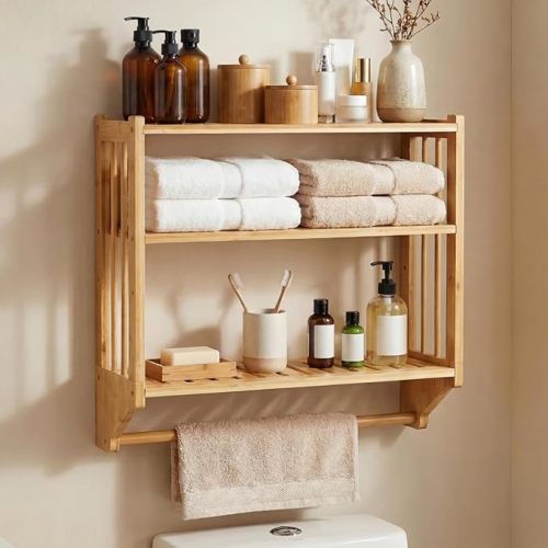 Goaste Bamboo Over The Toilet Storage Shelf, 3-Tier Wall Mounted Bamboo Rack Organizer, Floating Rack with Hanging Rod, Free Standing Shower Shelf with Adjustable Layer for Kitchen, Bathroom, Home