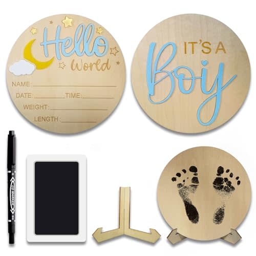 2Pcs Baby Announcement Sign Set, 5.9 Inch Hello World Newborn Sign and IT’S A Boy Welcome Signs, Baby Name Sign with Ink Pad for Hand & Footprints, 3D Wooden Birth Gifts for Hospital Shower Nursery