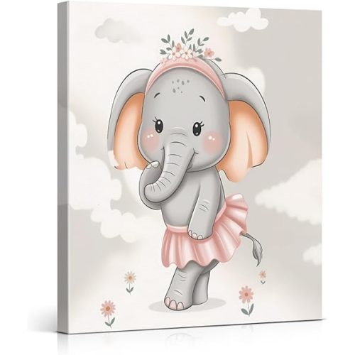 Cute Ballet Elephant Nursery Canvas Wall Art Print Elephant Ballerina Picture Poster Wall Decor for Nursery Toddler Girls Room Bedroom Kids Playroom 8x10 Framed