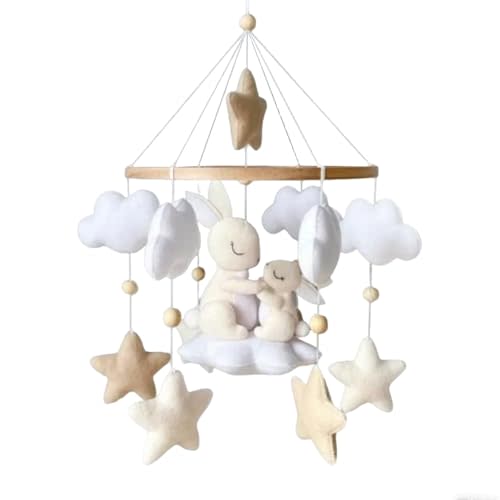 Crib Mobile for Boys Girls, Cute Little Rabbit and Little Bear with Balloon Stars Moon Cloud Boho Gender Neutral Mobile for Baby Nursery Ceiling Mount Unisex (C)
