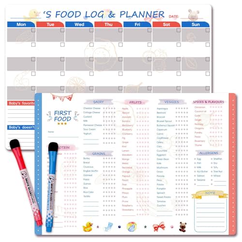 Set of 2 Baby First Foods Tracker Fridge Magnet, Nutrition Poster, Daily Food Log First Foods Chart Checklist, 101 Foods Before 1 Checklist Magnet, Dry Erase Whiteboard with 2 Magnet Markers