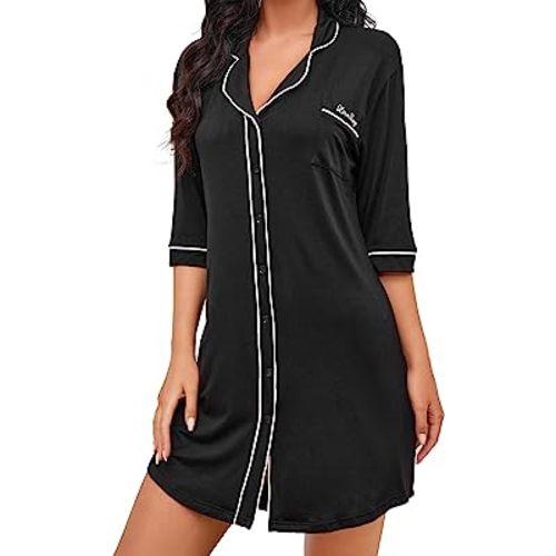 Nightgowns for Women Button Down Night Shirt 3/4 Sleeve Boyfriend V-Neck Sleepwear Pajama Dress
