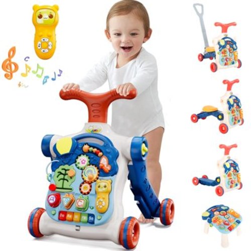 Baby Walker Sit-to-Stand Learning Walker, 5 in 1 Baby Push Walker and Activity Center for Baby with Removable Play Panel, Baby Music Early Learning Push Toys for Infant Boys Girls 12+ Months, Blue