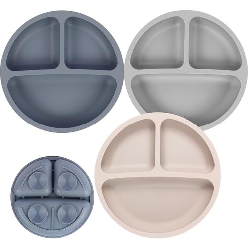 Toddler Plates 3 Pack, Divided Suction Plates for Baby, 100% Food Grade Silicone Baby Plates, Non-Slip, Baby Led Weaning Supplies, Microwave & Dishwasher Safe