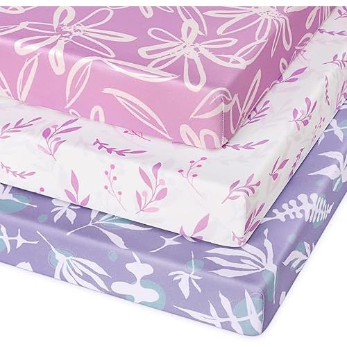 Pack and Play Sheets Fitted 3 Pack, Mini Crib Sheets for Pack N Play Mattress Stretchy Portable Playard Sheets, Soft Breathable Purple Leaf