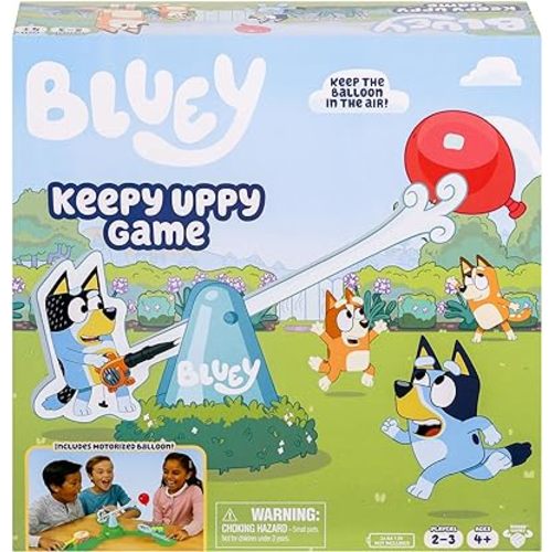 Bluey Keepy Uppy Game. Help, Bingo, and Chilli Keep The Motorized Balloon in The Air with The Character Paddles for 2-3 Players. Ages 4+